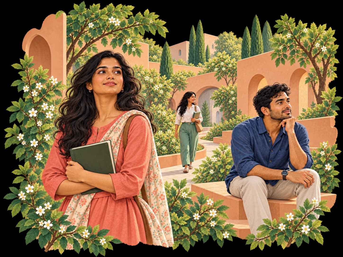 Illustration of Indian adults reflecting in a courtyard garden
